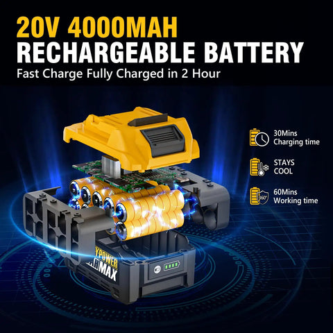 20V 4000mAh rechargeable battery with fast charging, designed for Heavy Duty Cordless Impact Wrench With Brushless Motor, 900 FT LBS Torque.