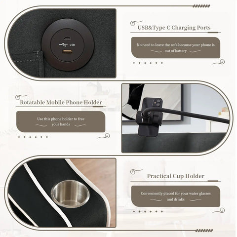 Close-up of USB ports, phone holder, and cup holder on Three In One Velvet Sleeper Chair Bed With Phone Holder And USB Ports, Black