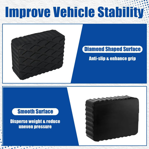 Beefy Solid Rubber Auto Lift Pads 3000Lb Heavy Duty Jack Stand Blocks Anti Slip For 2 Post And 4 Post Car Lifts RV And Garage Floor Jacks 6.33 Inch By 4.75 Inch By 2 Inch 4 Pack with diamond-shaped surface and smooth surface for enhanced stability.