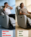 Comparison of two recliners; left shows discomfort and text 'Weak Power, Noise, Stuck Movement'; right shows comfort, 'Smooth, Quiet, Reliable'