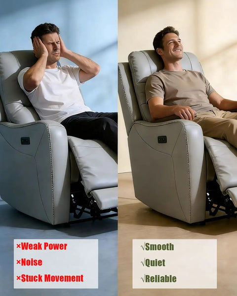 Comparison of two recliners; left shows discomfort and text 'Weak Power, Noise, Stuck Movement'; right shows comfort, 'Smooth, Quiet, Reliable'