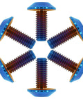 Badass Lightweight Titanium Bolts M6x15 Umbrella Head Star Drive Burnt Blue Six Piece Set For Bicycle Motorcycle And Car Setup Corrosion Free Heavy Duty Rig Hardware arranged in a circular pattern.