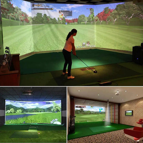 Indoor Home Golf Simulator System With Crystal Clear HD Projection Screen in use, multiple setups shown with lush green landscapes