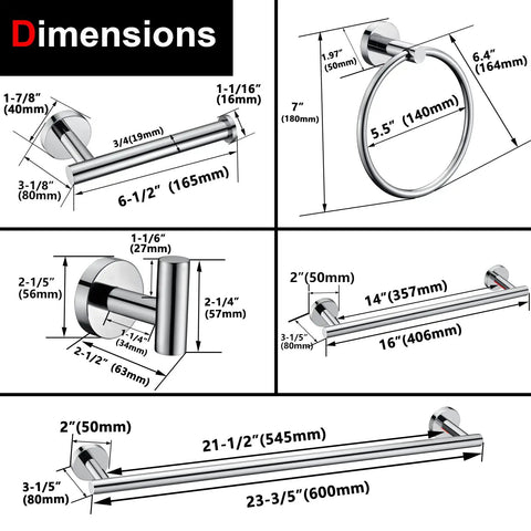 Dimensions of Polished Chrome 6 Piece Bathroom Hardware Set Includes 16 Inch Towel Ring And 23.6 Inch Round Towel Bar, Toilet Paper Holder, Towel Hooks, Heavy Duty SUS 304 Stainless Steel, Wall Mounted Rust Resistant