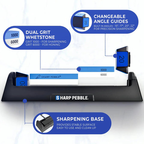 Complete Whetstone Knife Sharpening System With 1000 6000 Grit Wet Stone Sharpener Kit Built In Angle Guides 15 17 20 22 Degrees No Guesswork Beginner Friendly Pro Grade Edge For Sharp Knives displayed on table