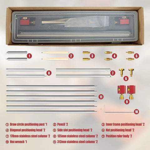 Nail Every Measure With This Straight Up 3 In 1 Modular Bar Gauge For Woodworking Clamping Positioning And Circle Drawing Inside Or Outside Corners Getting It Done Right Today, detailed assembly components laid out.
