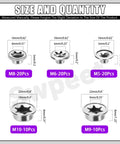 Size and quantity chart for 80Pcs M5 M6 M8 M9 M10 Push On Pushnut Cap Stud Kit With Zinc Mechanical Finish, showing dimensions for each size.