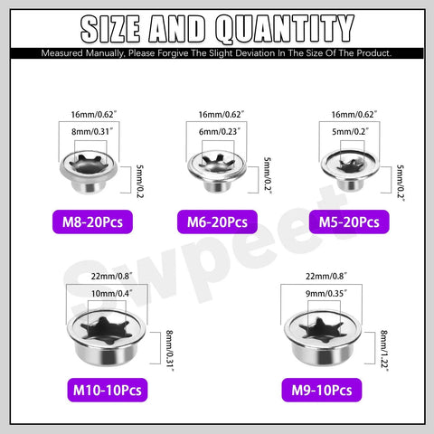 Size and quantity chart for 80Pcs M5 M6 M8 M9 M10 Push On Pushnut Cap Stud Kit With Zinc Mechanical Finish, showing dimensions for each size.