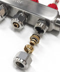Close-up of 3-Loop PEX Radiant Manifold For Hydronic Floor Heating, 1/2 In Outlets, Stainless Steel, Easy Install Connectors