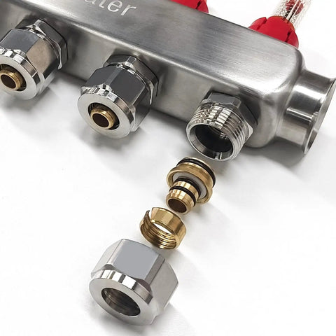 Close-up of 3-Loop PEX Radiant Manifold For Hydronic Floor Heating, 1/2 In Outlets, Stainless Steel, Easy Install Connectors