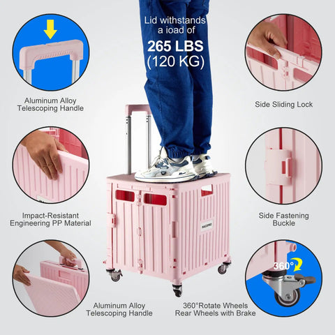 Foldable Utility Cart With Four Swivel Wheels And Lid, Portable Rolling Handcart For Quick Grocery Runs, person standing on lid