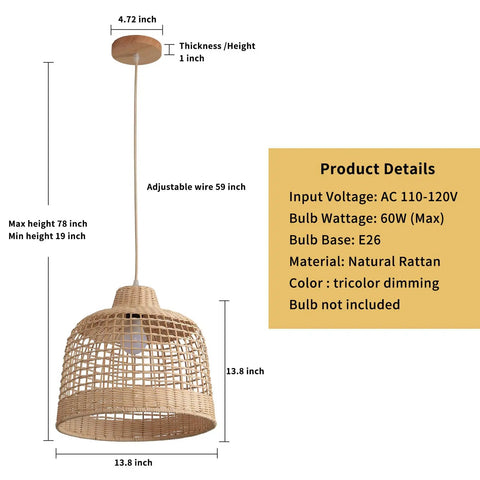 Rattan Pendant Light Hand Woven Basket Shade Ceiling Lamp for Kitchen Island Boho Farmhouse Style Natural Bamboo Hanging Chandelier, 13.8 Inch Square dimensions and product details shown.