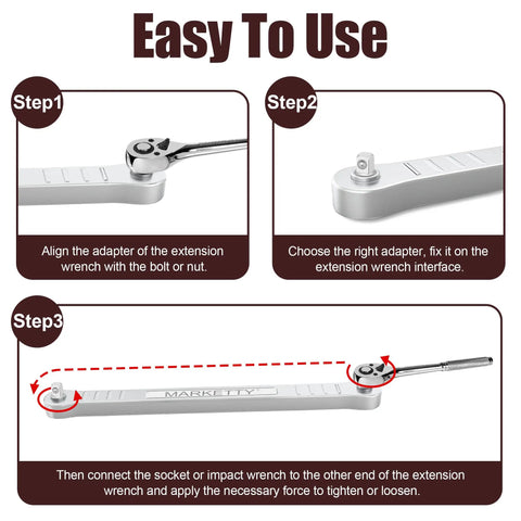 Offset Extension Wrench For Tight Spaces, Impact Ready And Hella Handy, with adapters shown in use instructions, silver finish