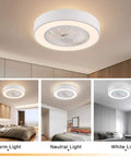 Modern Flush Mount Ceiling Fan With Light For Kitchen Bedroom Bathroom Super Quiet Low Profile Electric Fan Remote Led Three Color Lighting Four Abs Blades Twenty Two Inches White showing warm, neutral, and white light options