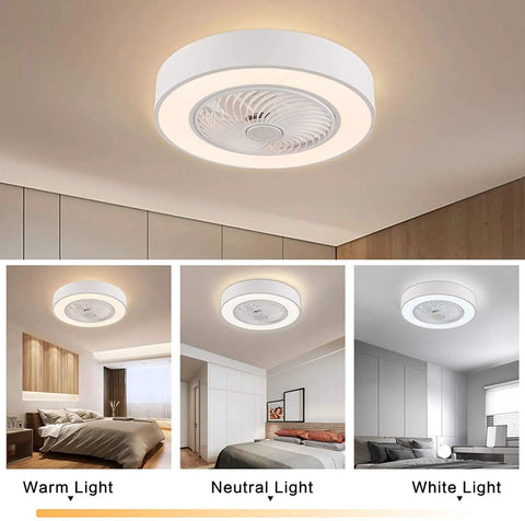 Modern Flush Mount Ceiling Fan With Light For Kitchen Bedroom Bathroom Super Quiet Low Profile Electric Fan Remote Led Three Color Lighting Four Abs Blades Twenty Two Inches White showing warm, neutral, and white light options