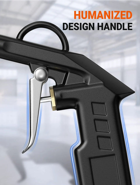 Heavy Duty Industrial Air Blow Gun With One Steel Extension Tube For Tight Squeeze Spots All Metal Construction uses ergonomic handle design.