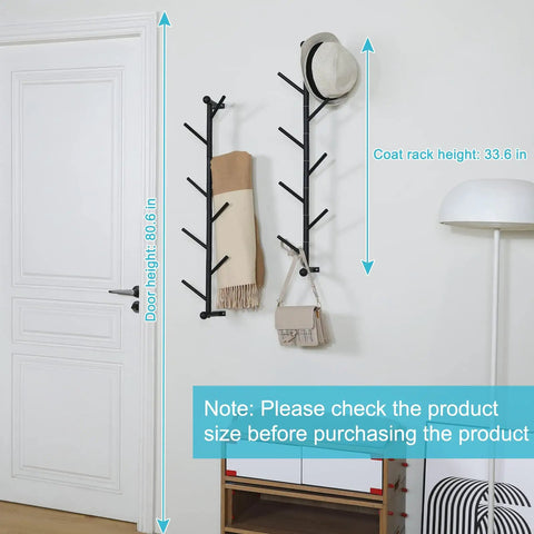 2 Pack Dope Wall Mounted Coat Rack With Rotating Hook Branches in entryway, holding hat, scarf, and bag next to furniture.