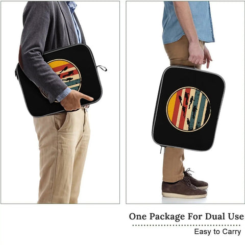 Scuba Inspired 14 Inch Laptop Sleeve And Protective Carry Case showing front design with snowflake cloth, carried by two people