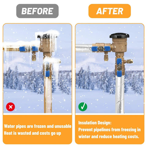 Comparison of frozen pipes before and insulated after using Pipe Insulation Foam Wrap Tape 2 Inch Wide 66 Foot Self Adhesive Foil Wrap.