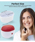 Portable Ultrasonic Denture And Retainer Cleaner Case With Automatic Wash Feature And Built In Filter for compact cleaning of retainers.