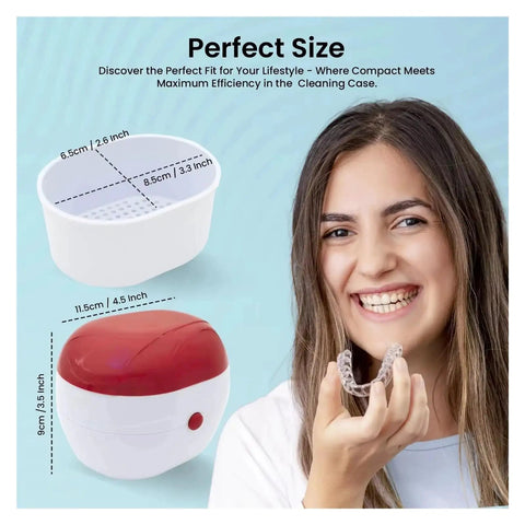 Portable Ultrasonic Denture And Retainer Cleaner Case With Automatic Wash Feature And Built In Filter for compact cleaning of retainers.