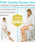 Woman using Shower Stool For Inside Bath Small Adjustable Plastic Round Non Slip Tub Seat Chair for safe bathing.