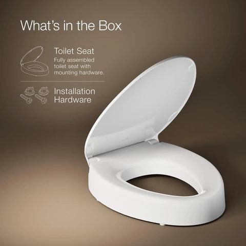 Elevated Comfort Height Elongated Toilet Seat Soft Close Smooth Action Lid Hassle Free Quick Install Hardware Super Comfy Solid Grip Bumpers Straightforward Accessibility Upgrade Everyday Bathroom Essential Pure White