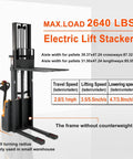 Straight Up Heavy Duty Full Electric Walkie Pallet Stacker With 118 Inch Lift And 2640 Lbs Capacity, compact design in a small warehouse.