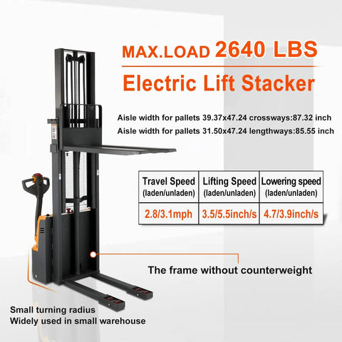 Straight Up Heavy Duty Full Electric Walkie Pallet Stacker With 118 Inch Lift And 2640 Lbs Capacity, compact design in a small warehouse.