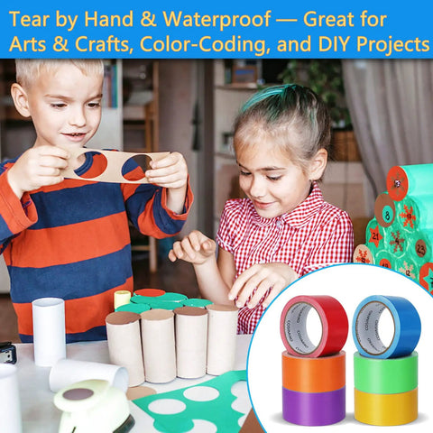 Children using 6 Pack Rainbow Colored Duct Tape, 15 Yards Each Roll, 2 Inches Wide, Heavy Duty Tear By Hand, Waterproof And Residue Free