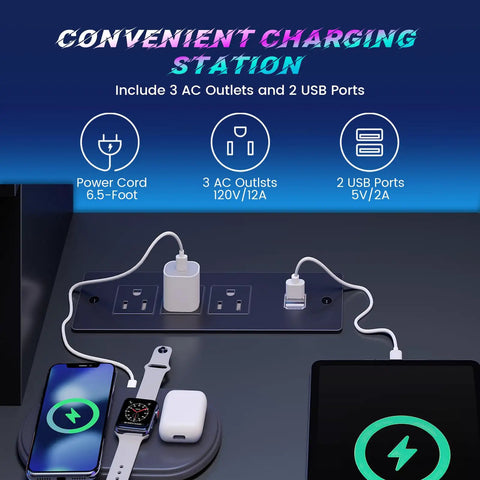 Convenient charging station on 79 Inch Electric Standing Gaming Desk With Drawers And LED Lights Height Adjustable Computer Desk.