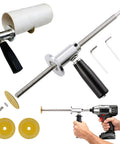 Pipe Cutter Tool With Diamond Grit Wheel And Handle For Inside Pipes Heavy Duty Pro Grade Stainless Steel Plumbing Hose Cutter For PVC ABS And Plastic Drill Use Half Inch To Eight Inch Pipes Seven Inch Adjustable Cutting Depth shown with accessories and drill in use.