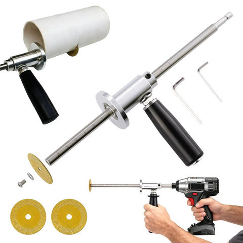 Pipe Cutter Tool With Diamond Grit Wheel And Handle For Inside Pipes Heavy Duty Pro Grade Stainless Steel Plumbing Hose Cutter For PVC ABS And Plastic Drill Use Half Inch To Eight Inch Pipes Seven Inch Adjustable Cutting Depth shown with accessories and drill in use.