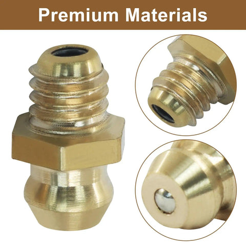 Close-up view of Straight Hydraulic Grease Fitting Assortment Kit With Brass 6mm X 1mm Male Threads Zerk Nipples Nozzles Fittings.