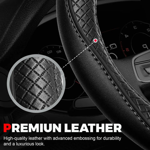 Close-up of Premium Microfiber Leather Steering Wheel Cover with Non Slip Grip, highlighting embossed texture and reinforced stitching.