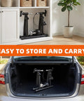 Magnetic Indoor Bike Trainer Stand With 6 Level Resistance, foldable design stored on shelf and in car trunk for easy transport.