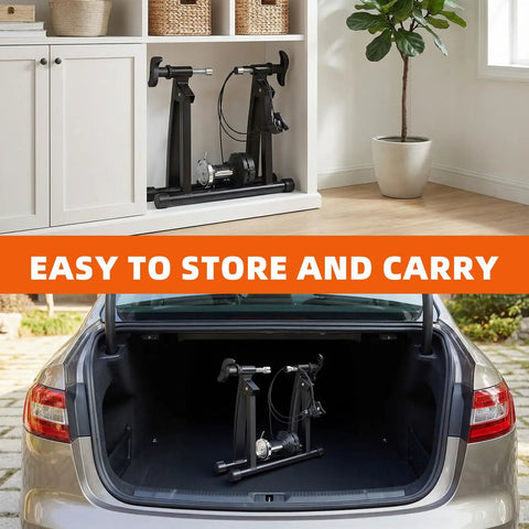 Magnetic Indoor Bike Trainer Stand With 6 Level Resistance, foldable design stored on shelf and in car trunk for easy transport.