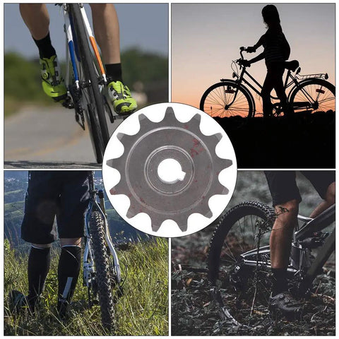 Collage with cyclist silhouettes and center Beefy 13 Tooth Aluminum Gear Sprocket for universal chains