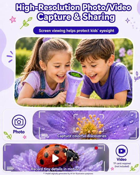 Awesome Kids Handheld Microscope Camera With 2 Inch Screen, Educational Magnifier Toy For Science Fun, Great Christmas Birthday Gift For Ages 3 To 12, Boys And Girls, Purple, kids using screen view