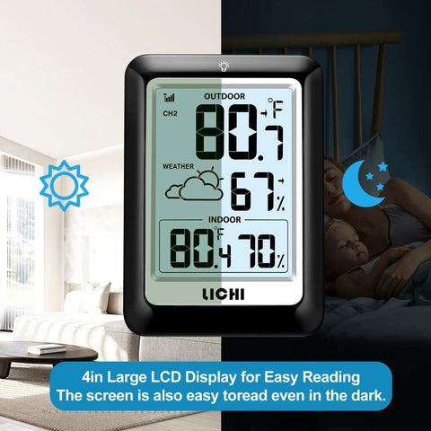 Front view of Indoor Outdoor Wireless Weather Station With Real Time Indoor And Outdoor Thermometer And Hygrometer in use