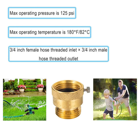 Two Pack Brass Vacuum Breaker Set With Three Quarter Inch Anti Siphon Hose Bib Valves For Garden Spigot And RV Hose Connection Backflow Preventers Includes Tape And Extra Black Silicone Washers Easy Install, showing brass valve and garden use