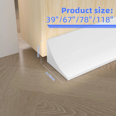 39 Inch Shower Threshold Dam Barrier Silicone Shower Door Seal No Fuss Self Adhesive Water Blocker on wood floor. Size shown.