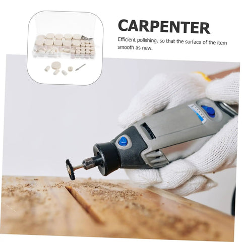 Close-up of rotary tool using Smooth As Butter Wool Polishing Wheels And Buffing Kit for Jewelry Crafting on wood surface.
