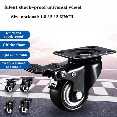Four Piece 2.5 Inch Universal Furniture Casters With M12x30 Shaft And Integrated Locking Brake Designed For Hella Smooth Gliding On Hardwood Floors Featuring Dual Bearing Sleeves And Slick Black Shell with a close-up of a black wheel and plate.