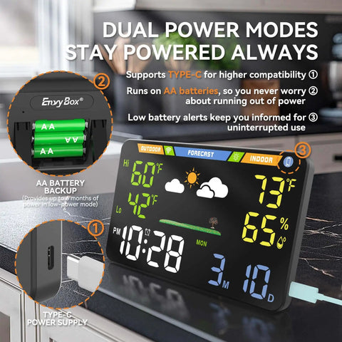 Smart Weather Station With 8.5 Inch LED Display For Indoor Outdoor Use WiFi Enabled Wireless Dual Power Atomic Clock Temperature And Humidity Monitor No App Needed Browser Based Dashboard For Home Or Office showing temperature, humidity, and clock display with power options.