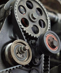 Close-up of 28.5 Inch Pitch Timing Belt 0.5 Inch Wide 0.18 Inch Thick With 76 Teeth in machine drive system