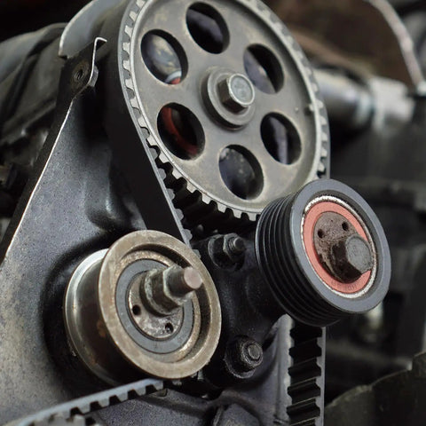 Close-up of 28.5 Inch Pitch Timing Belt 0.5 Inch Wide 0.18 Inch Thick With 76 Teeth in machine drive system