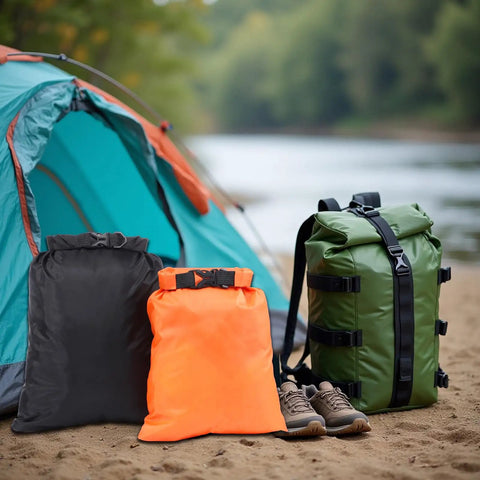 Three Six Pack Ultralight Dry Bags for Outdoors in black, orange, and green by a tent and river, Roll Top Waterproof Sacks Made Of Polyester With PU Coating, Keeps Gear Dry In Light Rain And Humidity