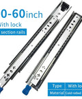 Heavy Duty Full Extension Three Stage Drawer Slides With Lock 220 Pound Capacity 60 Inch showing cold rolled steel design and lock feature.