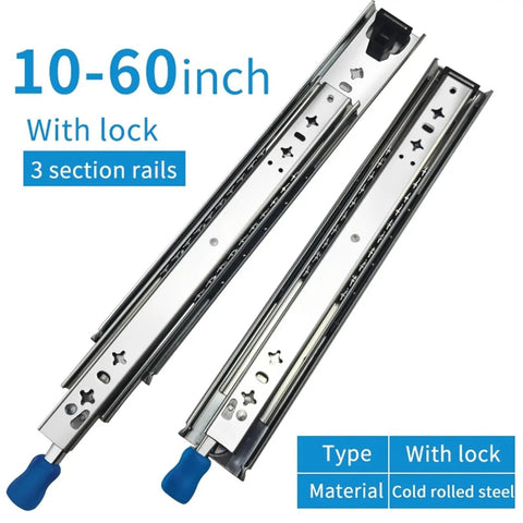 Heavy Duty Full Extension Three Stage Drawer Slides With Lock 220 Pound Capacity 60 Inch showing cold rolled steel design and lock feature.